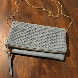 Elegant Blue Woven Clutch with Gold Chain